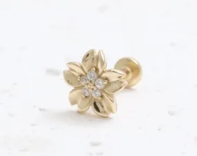 14k Real Gold Minimalist Cz Flower Cartilage Tragus Helix Conch Internally Threaded Flat Back Earring Labret