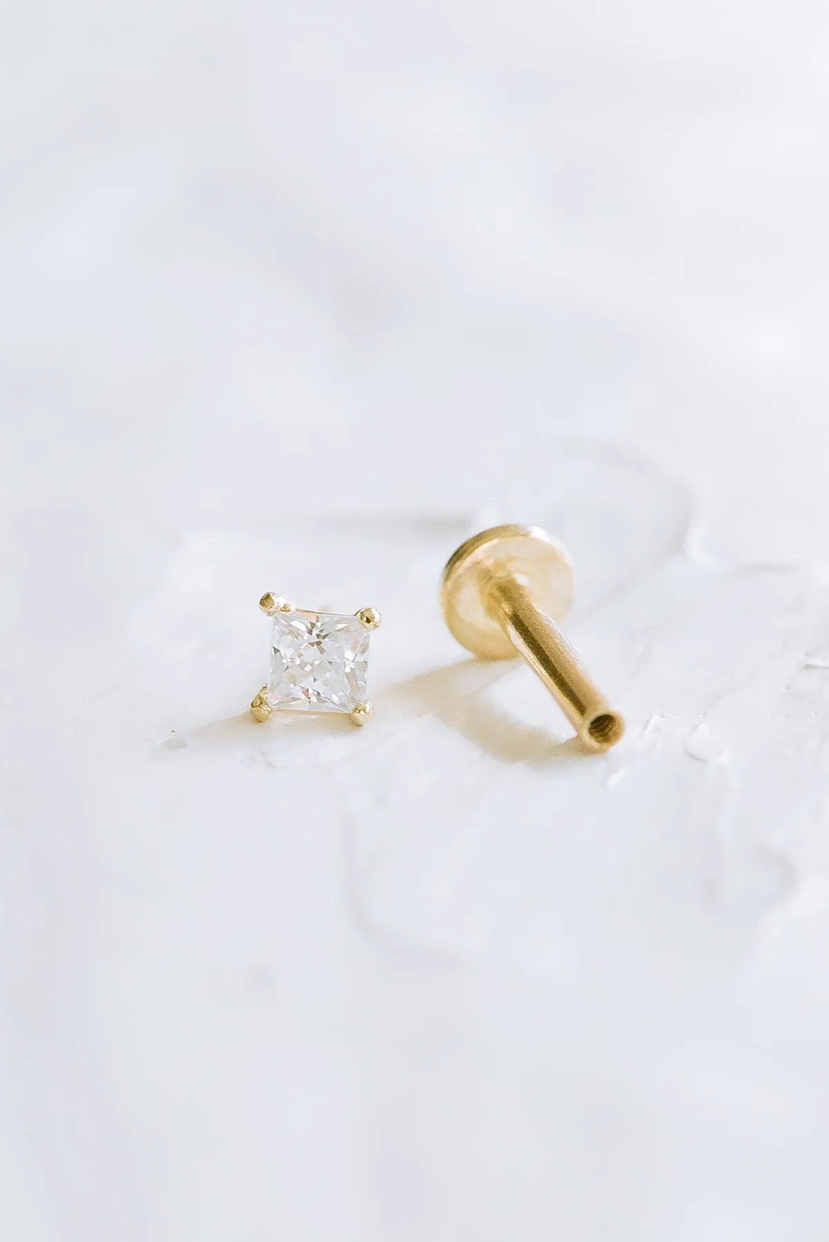 14K Real Gold Princess Cut CZ, Moissanite or Diamond Small Oval Helix Cartilage Tragus Inner Conch Internally Threaded Flat Back