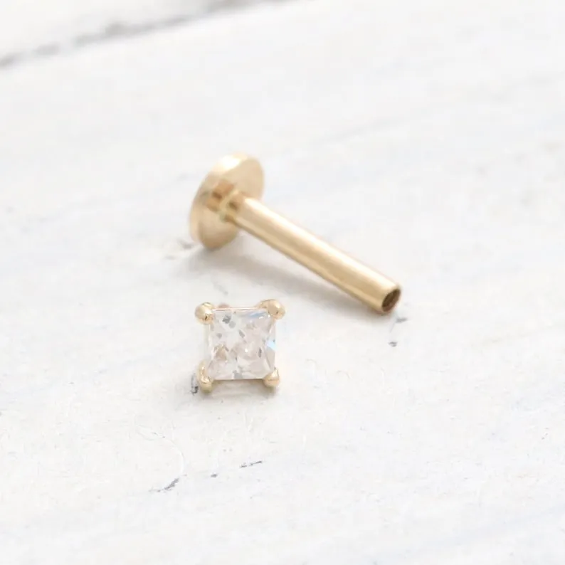 14K Real Gold Princess Cut CZ, Moissanite or Diamond Small Oval Helix Cartilage Tragus Inner Conch Internally Threaded Flat Back