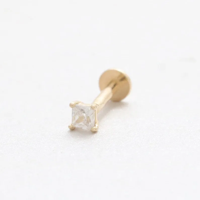 14K Real Gold Princess Cut CZ, Moissanite or Diamond Small Oval Helix Cartilage Tragus Inner Conch Internally Threaded Flat Back