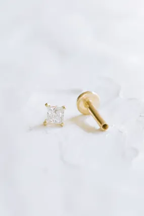 14K Real Gold Princess Cut CZ, Moissanite or Diamond Small Oval Helix Cartilage Tragus Inner Conch Internally Threaded Flat Back