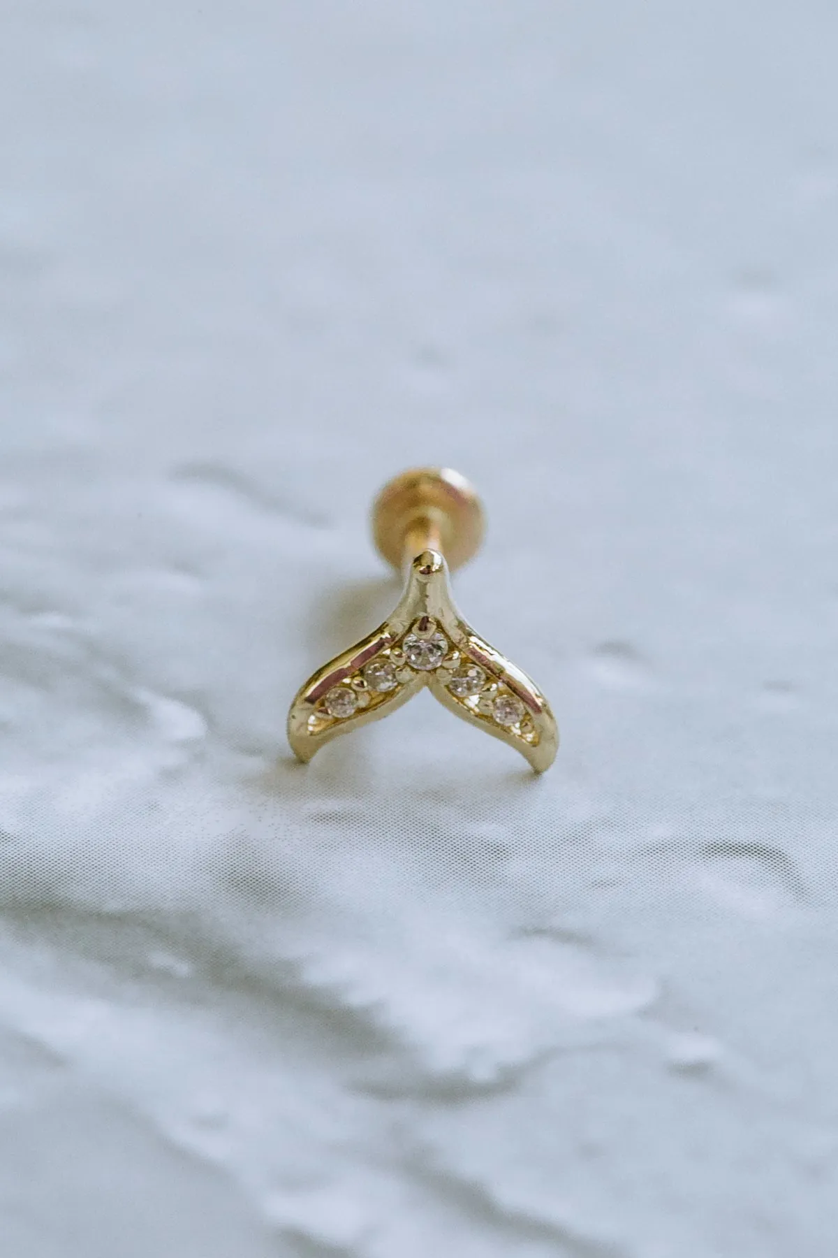 14K Real Gold Princess Cut CZ, Moissanite or Diamond Small Whale Tail Helix Cartilage Tragus Inner Conch Internally Threaded Fla