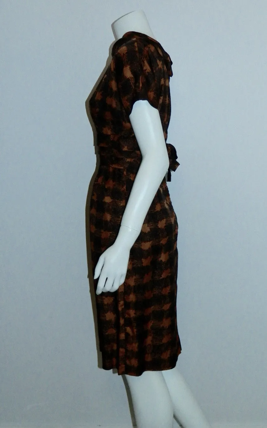 1960s chic vintage copper houndstooth Florian sheath dress bow back XS