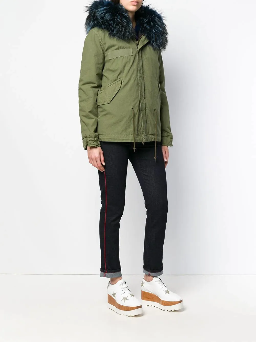 Army Green Mini Parka with Genuine Coyote Fur Trim