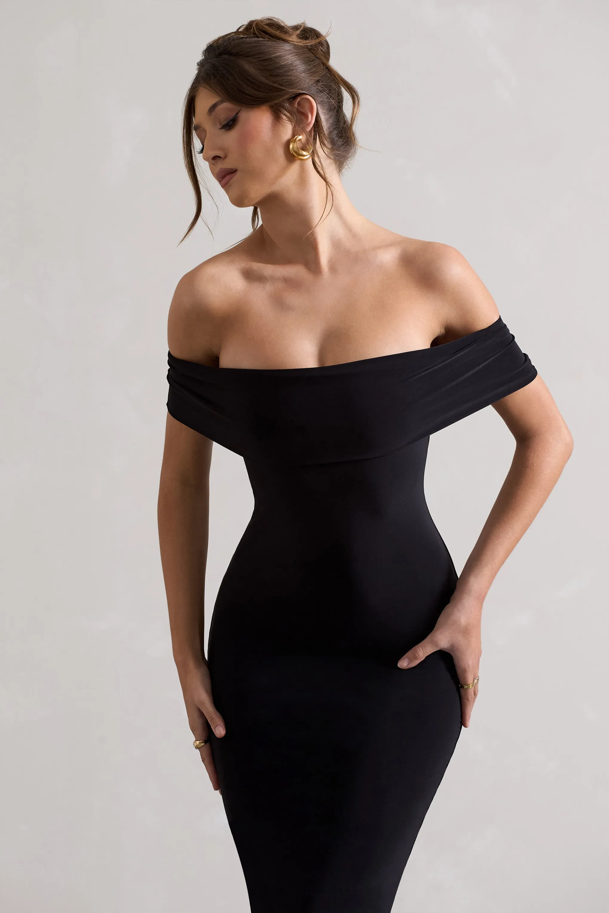 Averie | Black Bodycon Bardot Midi Dress