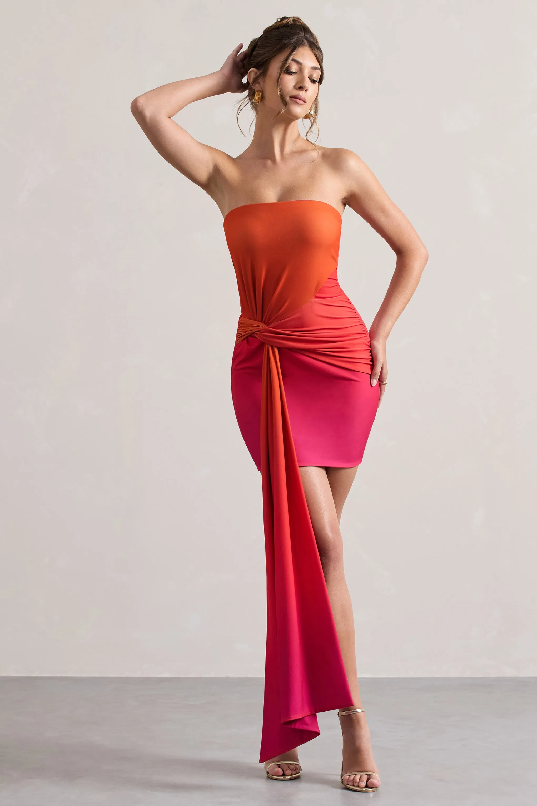 Azora | Pink & Orange Ombre Bandeau Mini Dress With Twisted Sash