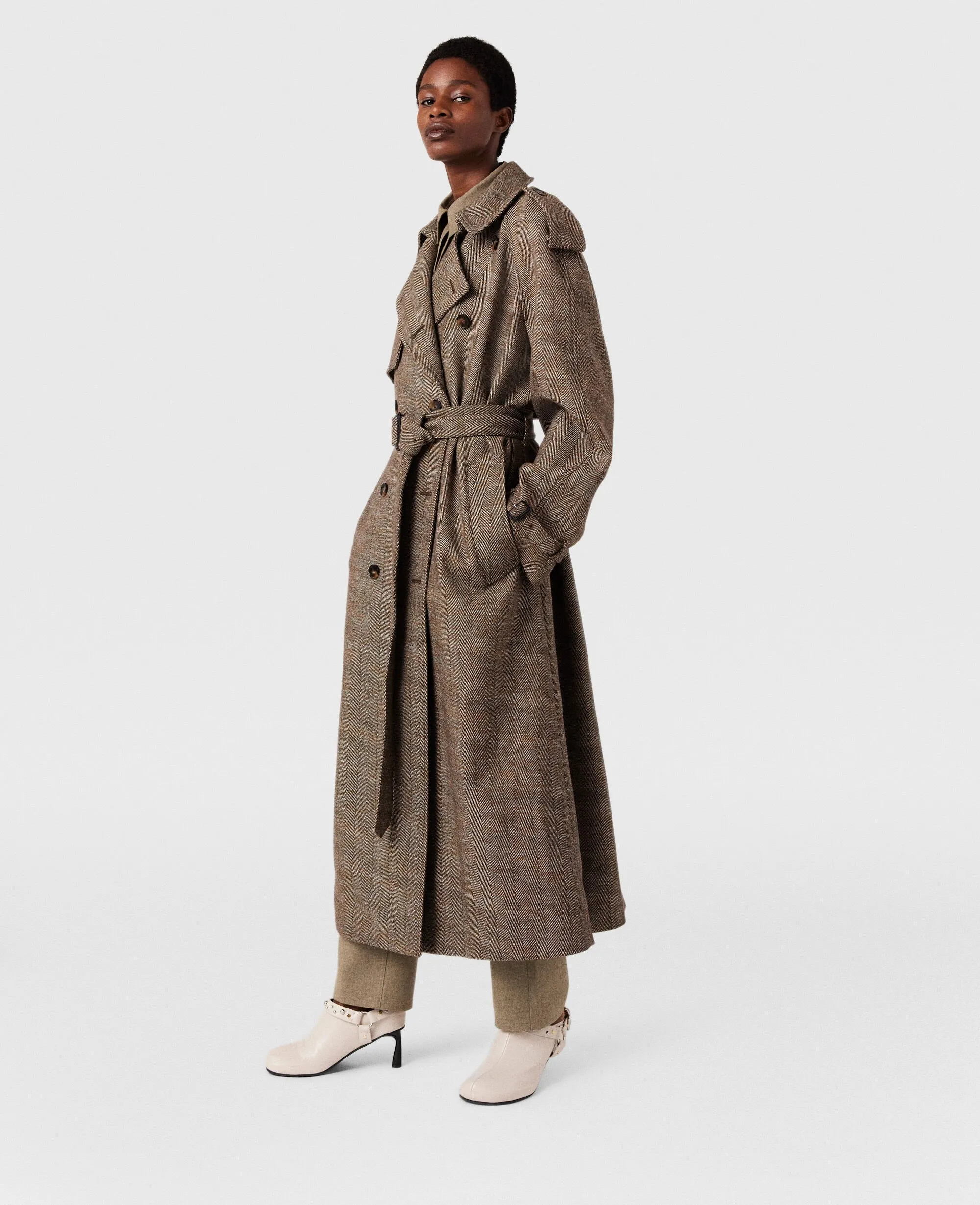 Waist Belt Trench Coat in Herringbone Pattern