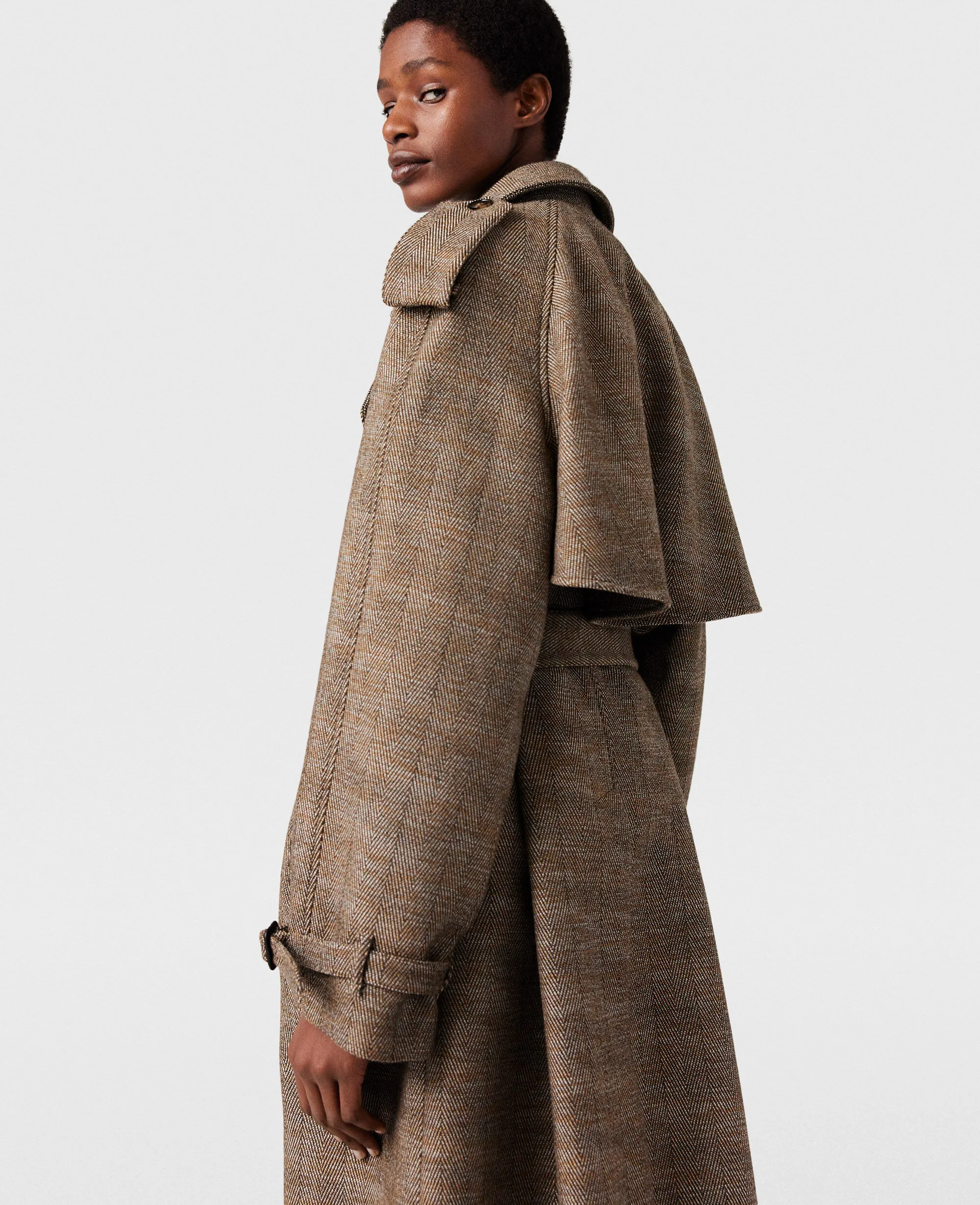 Waist Belt Trench Coat in Herringbone Pattern