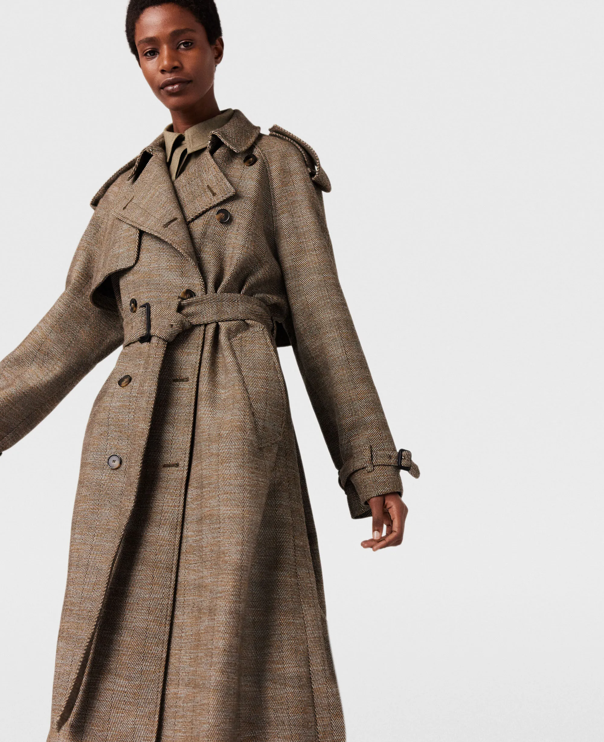 Waist Belt Trench Coat in Herringbone Pattern