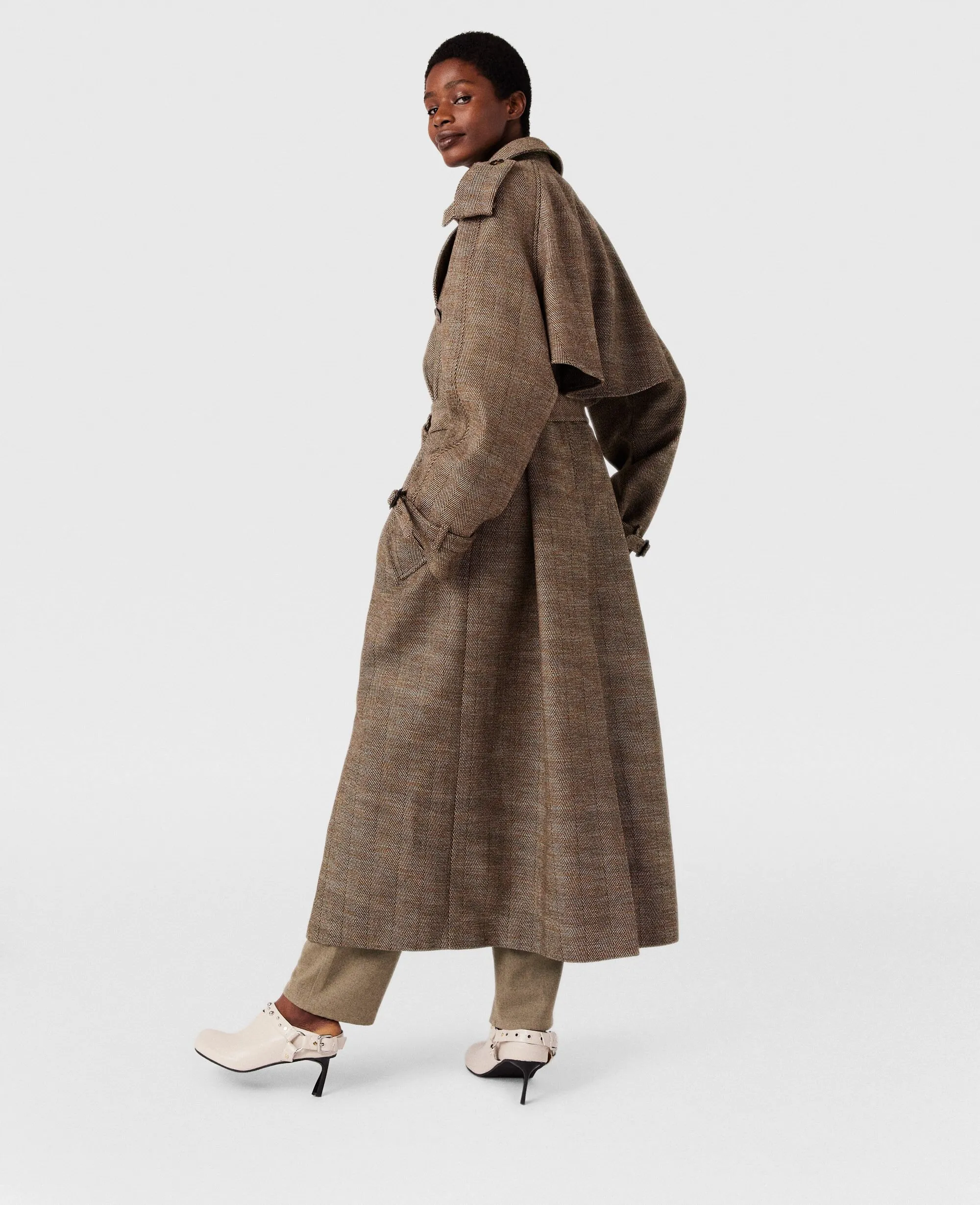 Waist Belt Trench Coat in Herringbone Pattern