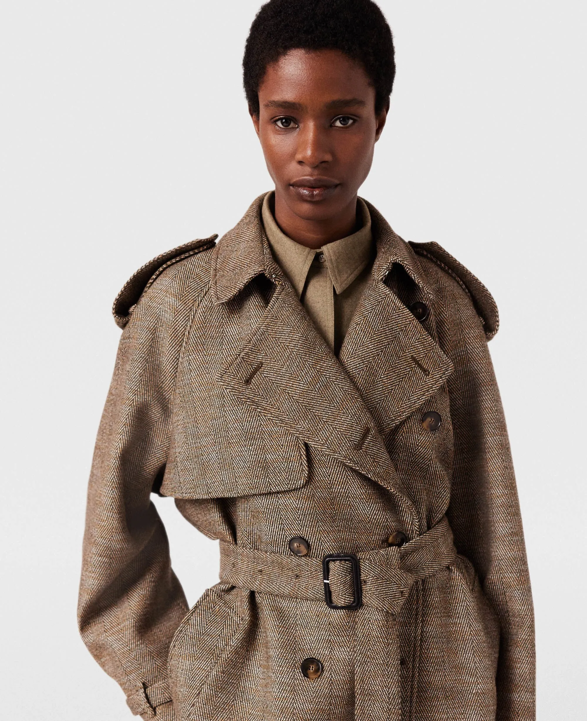 Waist Belt Trench Coat in Herringbone Pattern