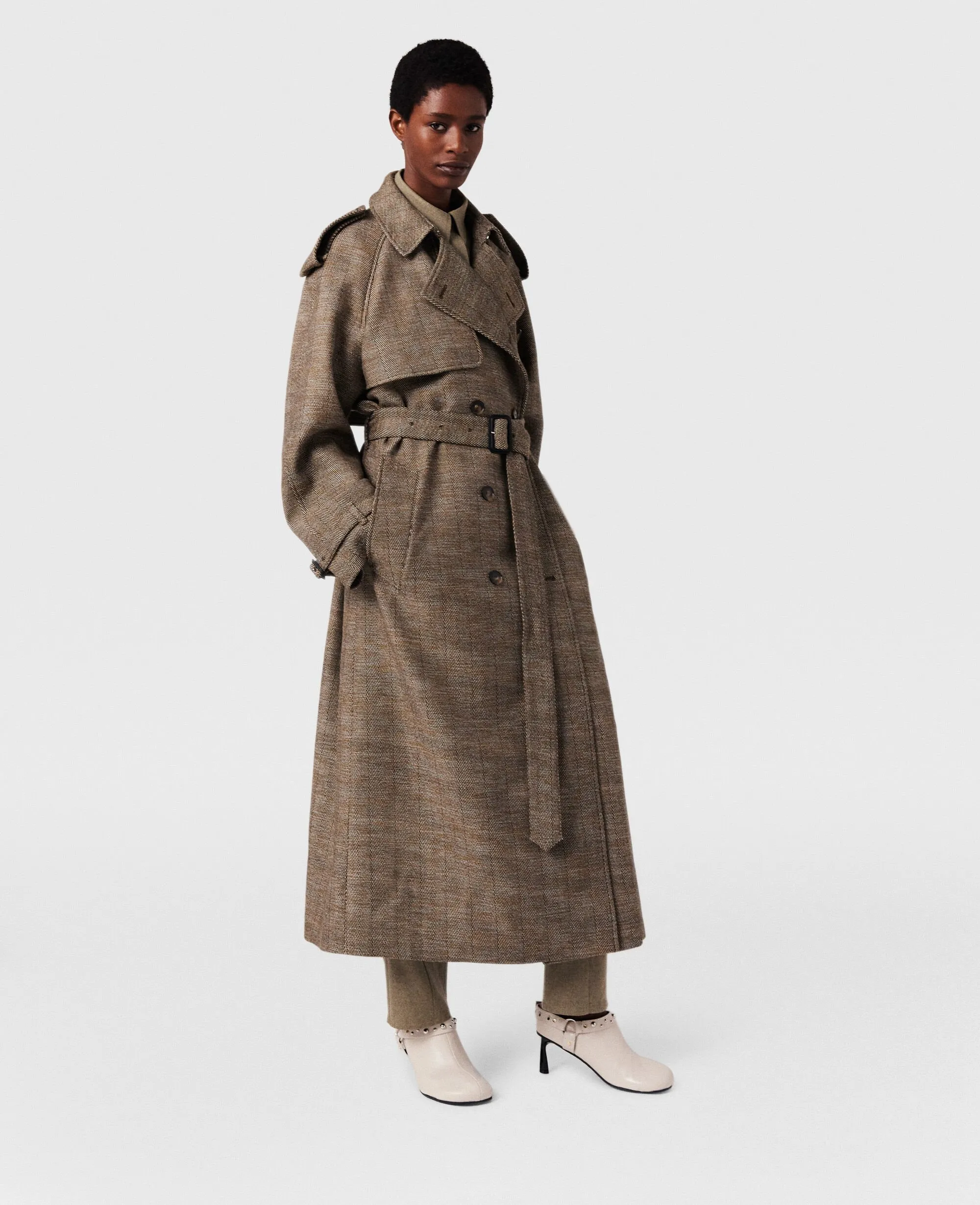 Waist Belt Trench Coat in Herringbone Pattern