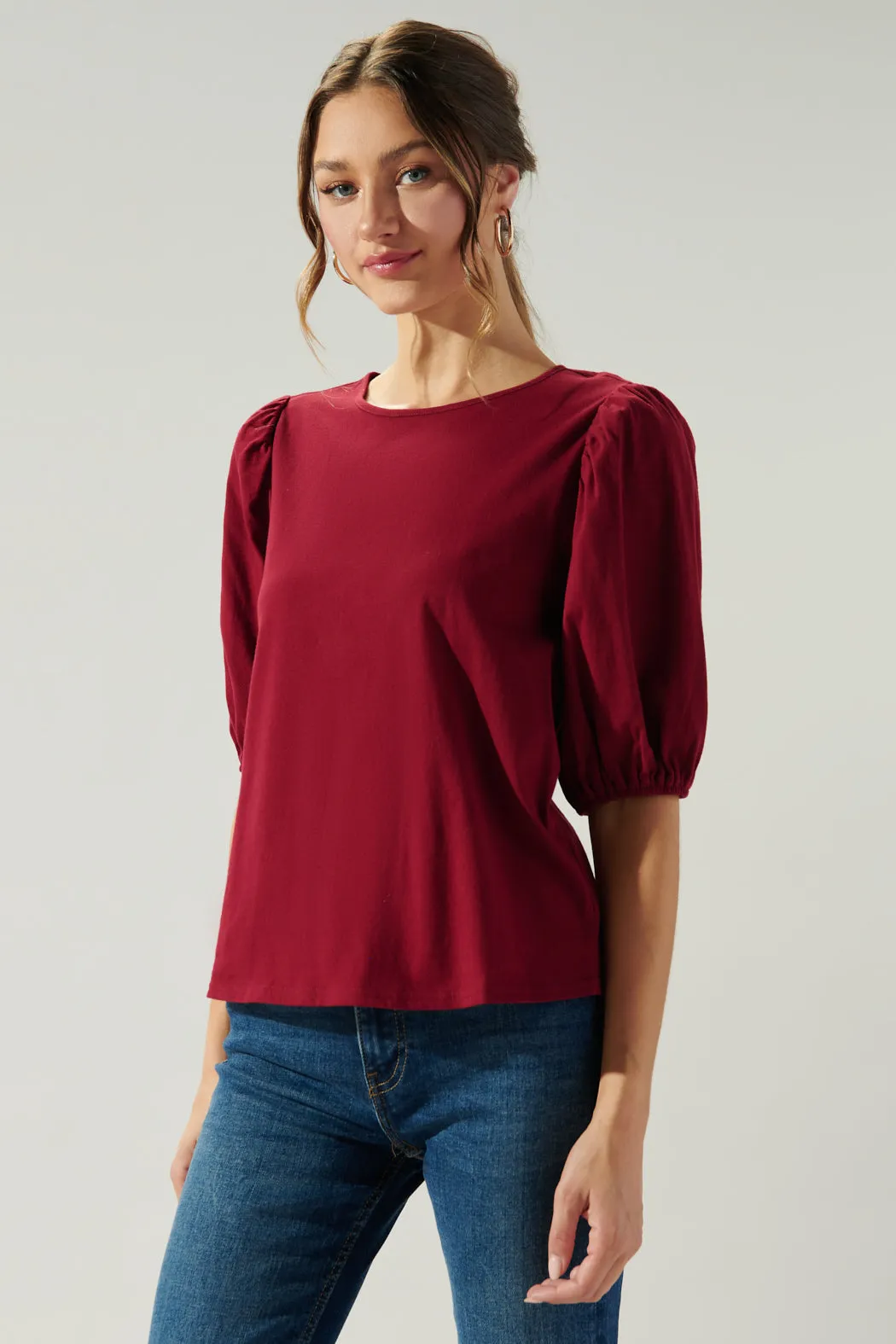 Bettina Puff Sleeve Cotton Knit T Shirt