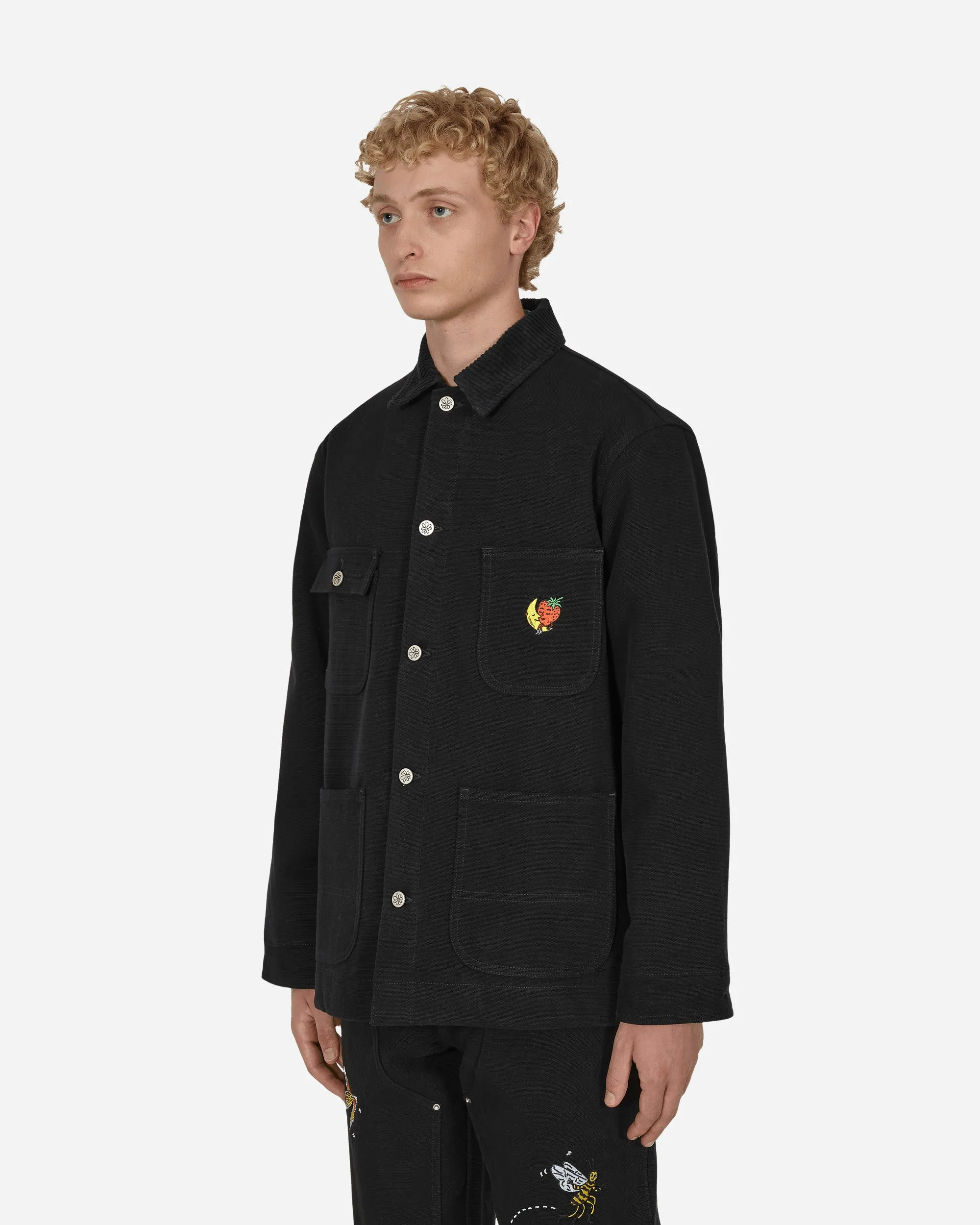 Black Canvas Workwear Jacket with Embroidered Design