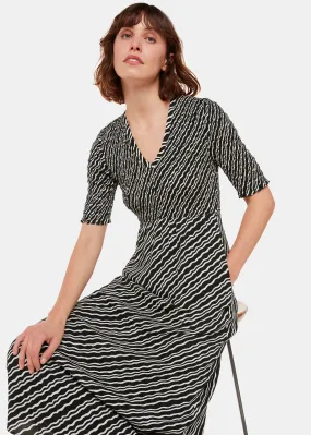 Black Diagonal Ripple Shirred Dress