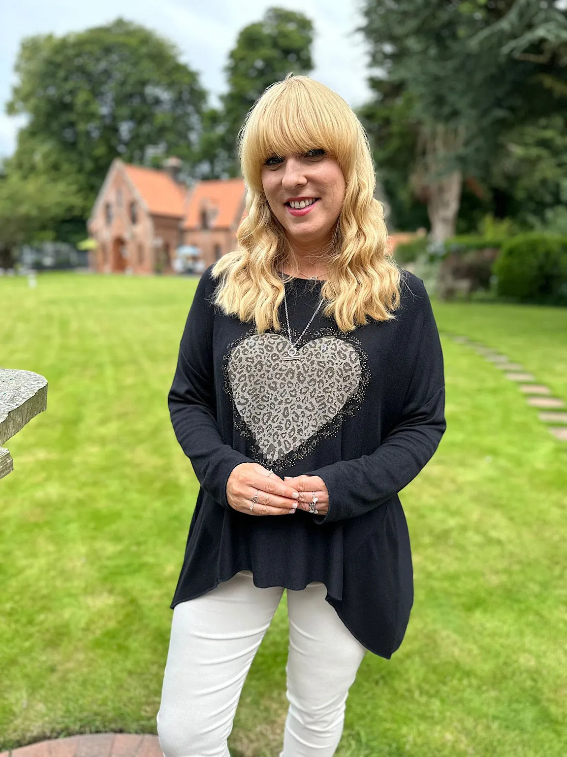 Black Leopard Print Heart Sweater - Diamante Knit Top