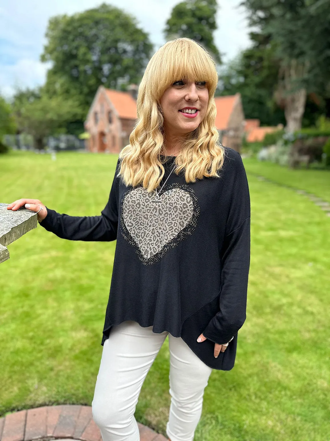 Black Leopard Print Heart Sweater - Diamante Knit Top