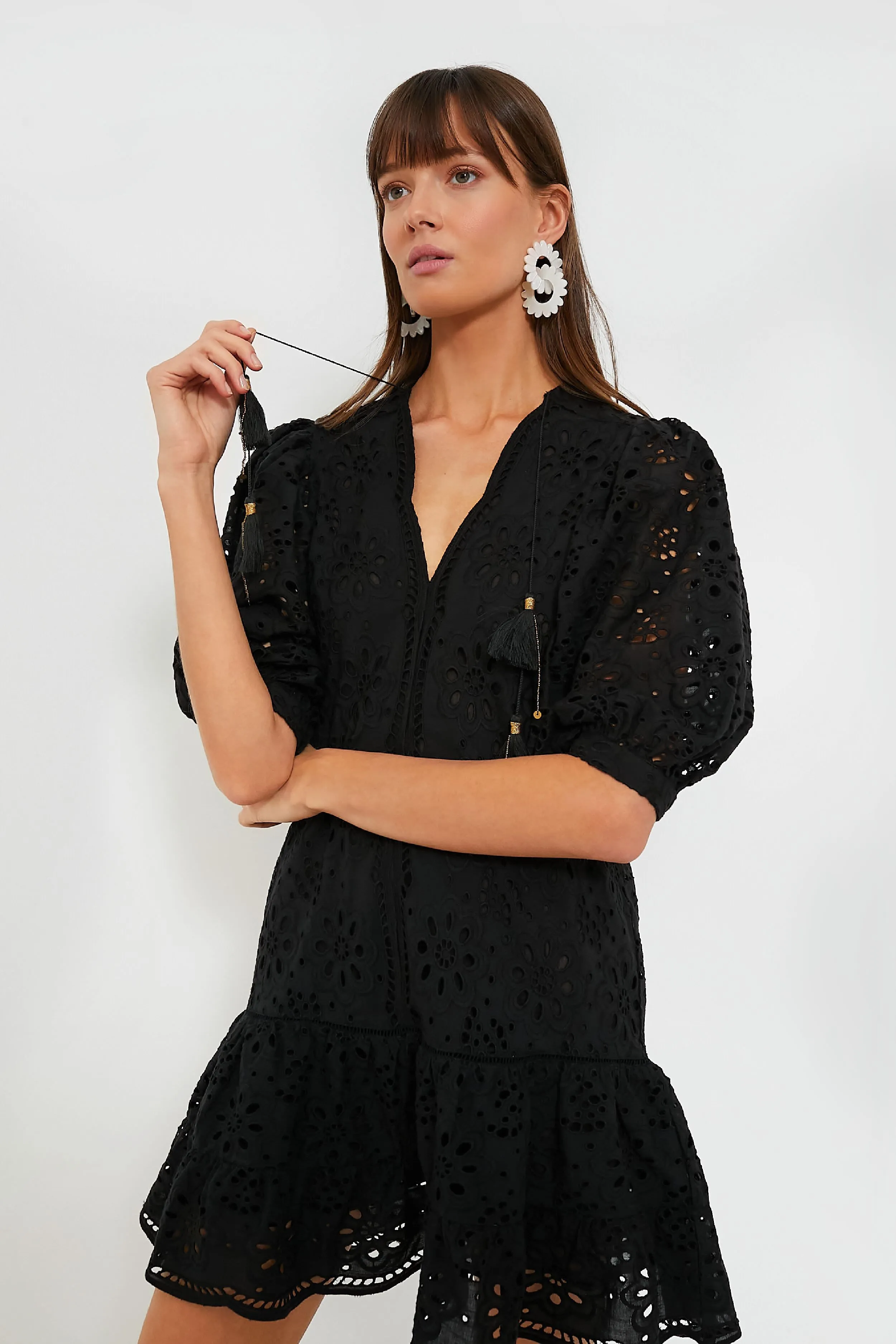 Black Eyelet Popover Flounce Mini Dress