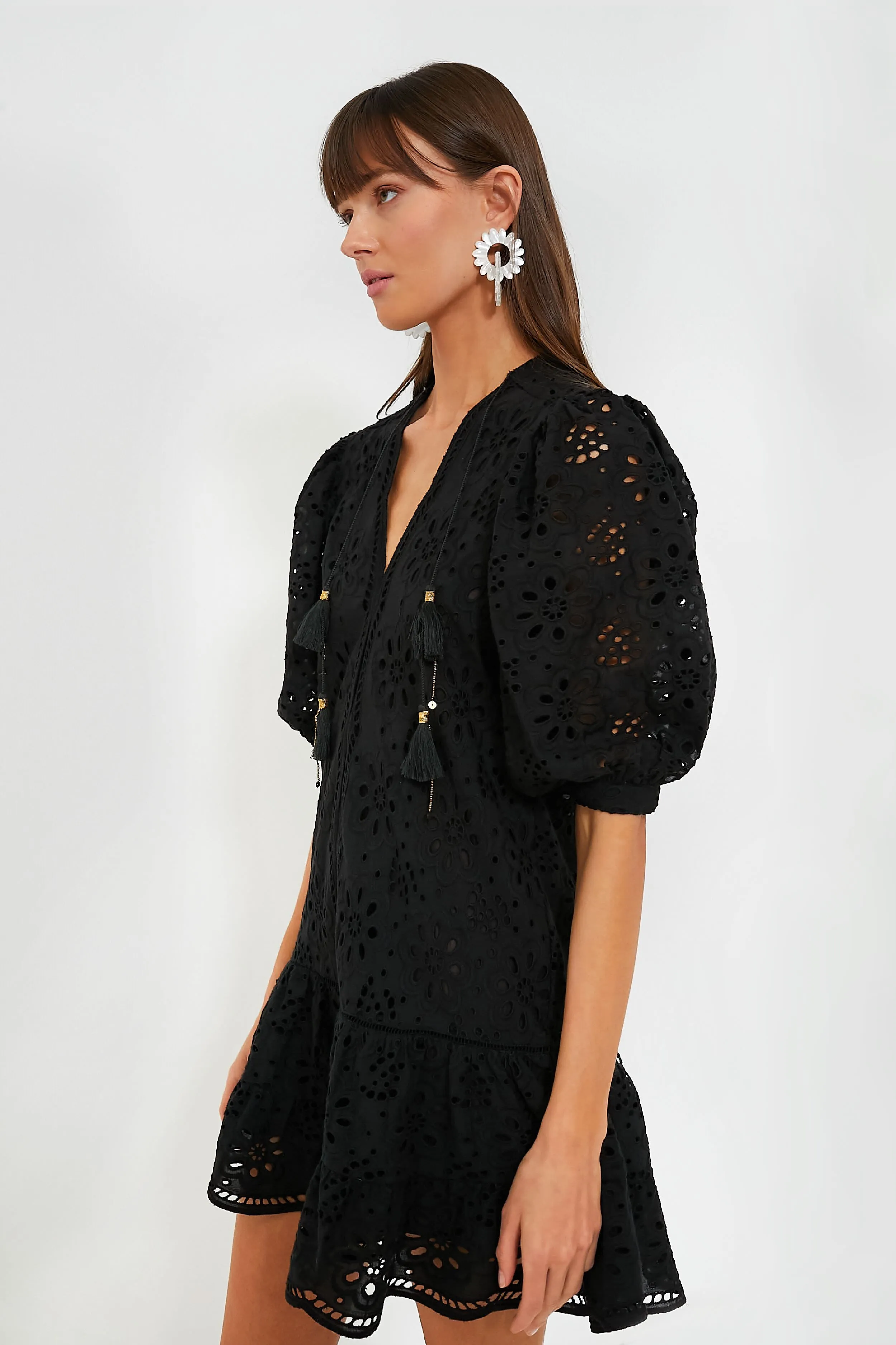 Black Eyelet Popover Flounce Mini Dress