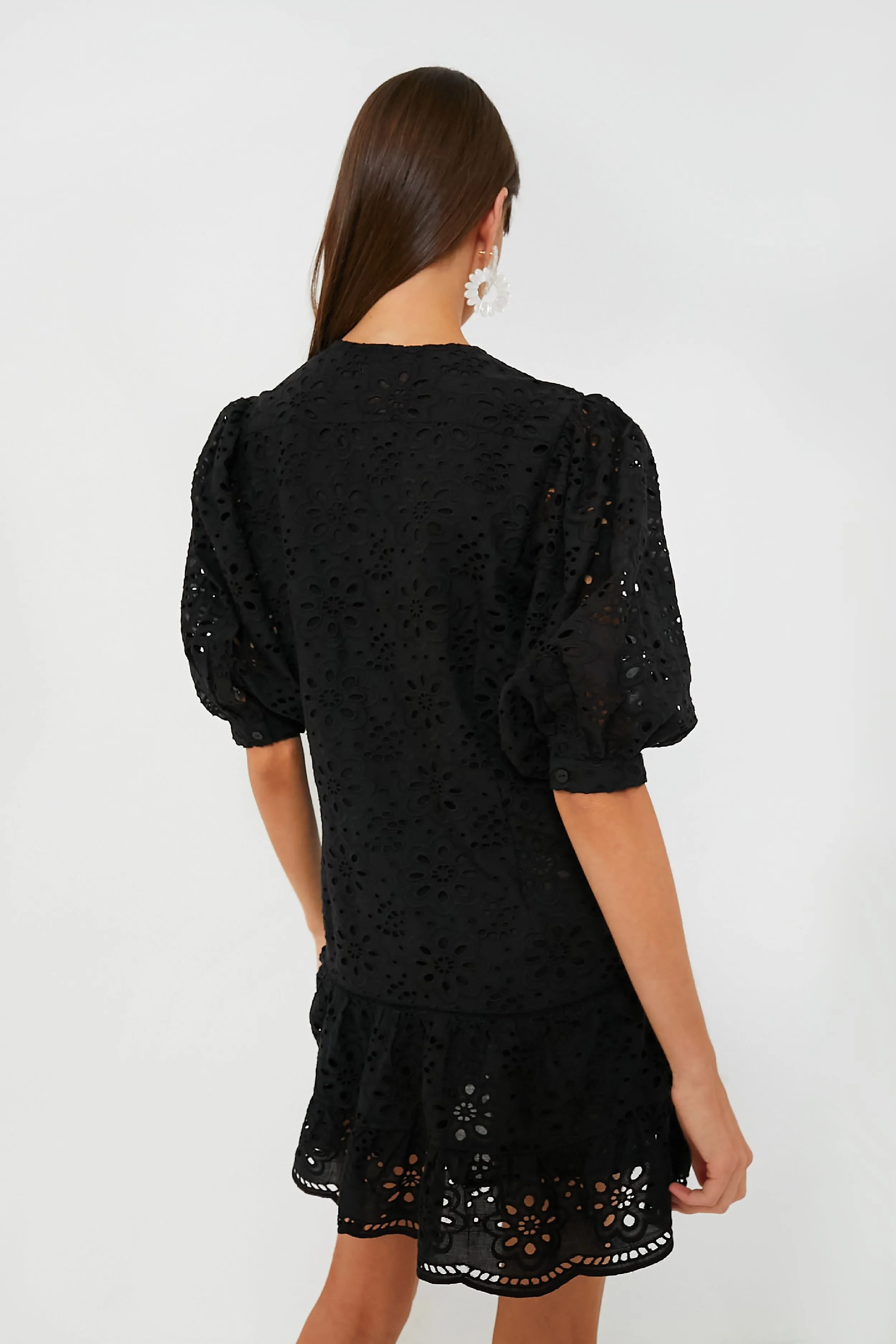 Black Eyelet Popover Flounce Mini Dress