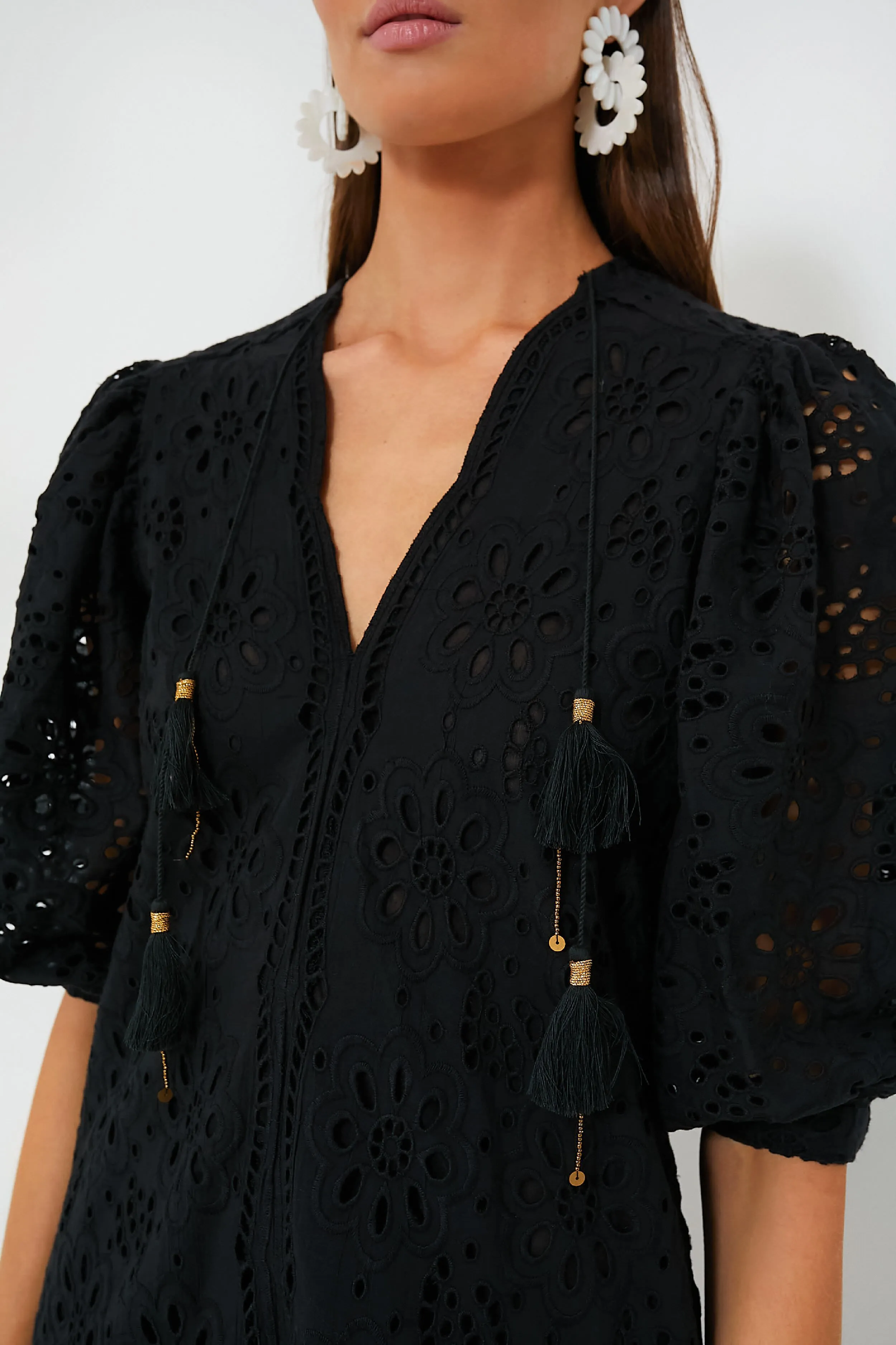 Black Eyelet Popover Flounce Mini Dress