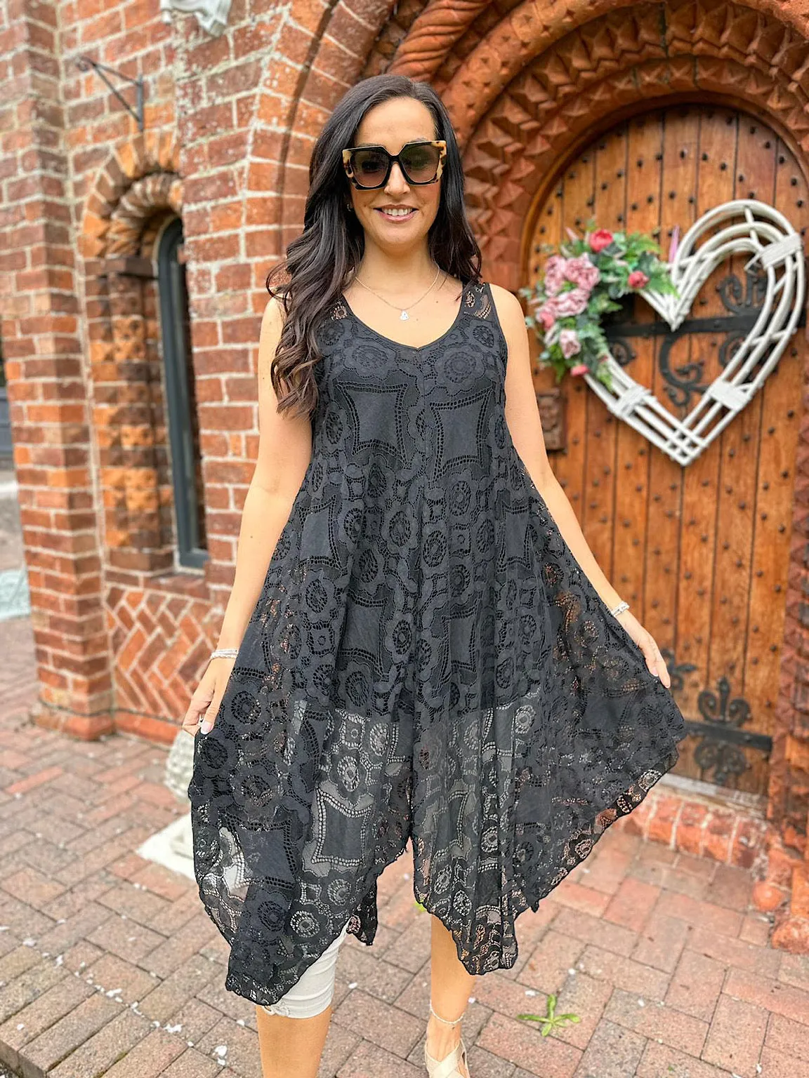 Black Lace Deep V-Neck Tuscany Dress.