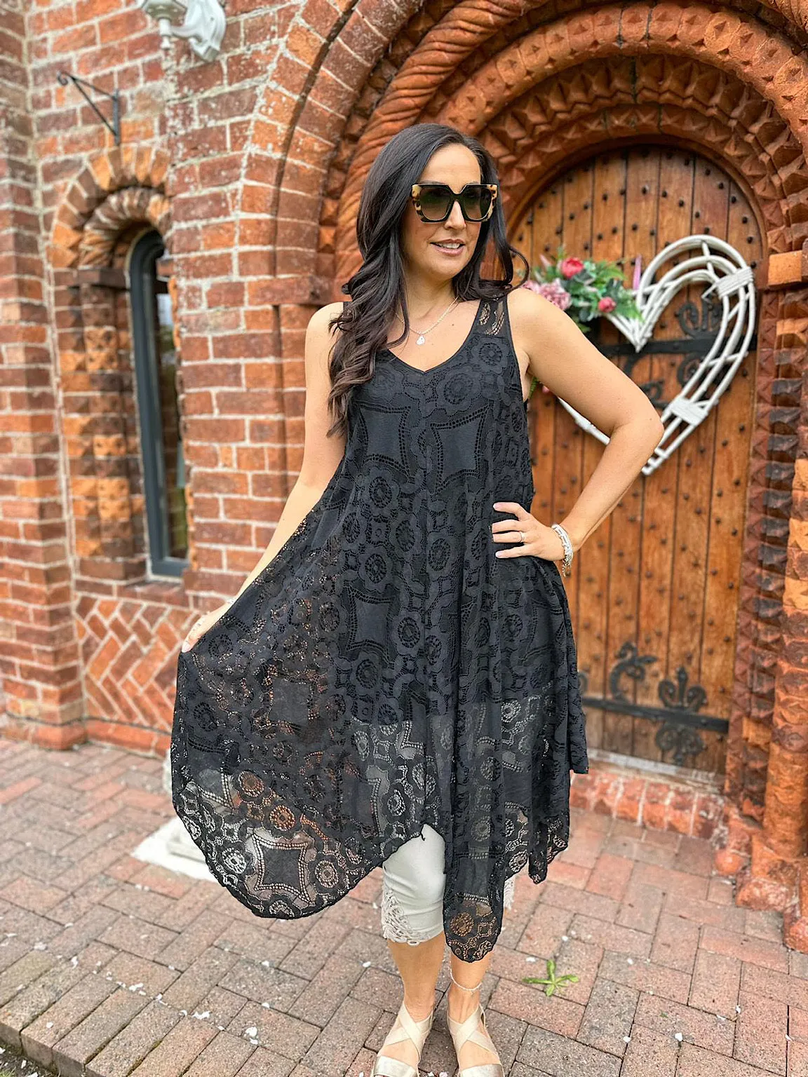 Black Lace Deep V-Neck Tuscany Dress.