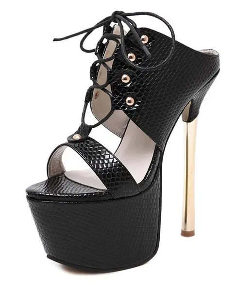 Black Platform Stiletto Sandals with Gold Detail