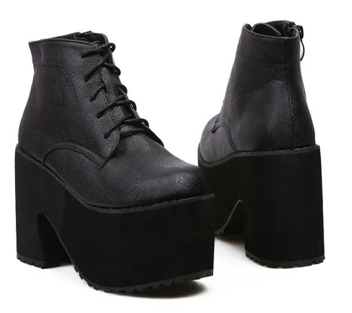 Chunky Heeled Punk Boots with Black Lace-Up Platforms