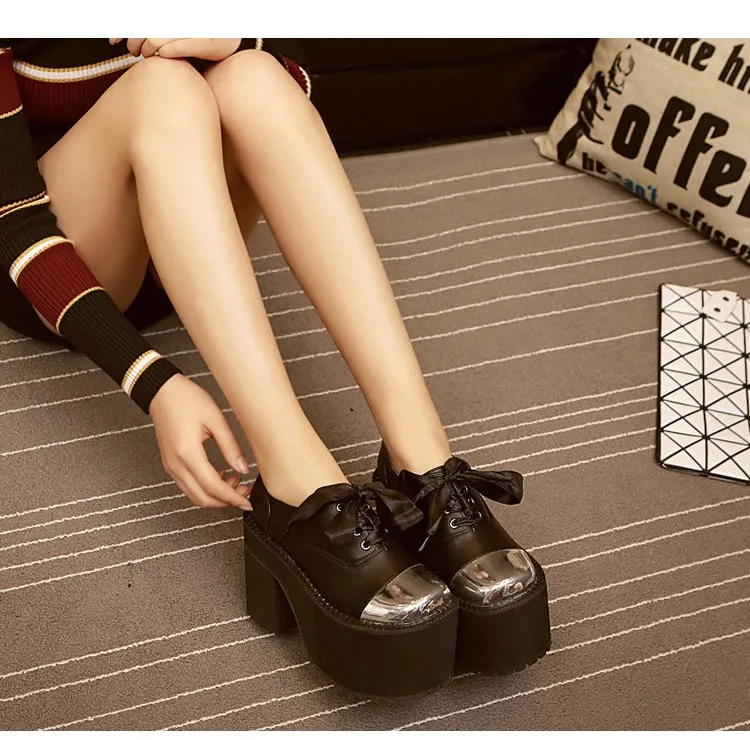 Black Metal Cap Ribbon Lace Up Platforms High Heels