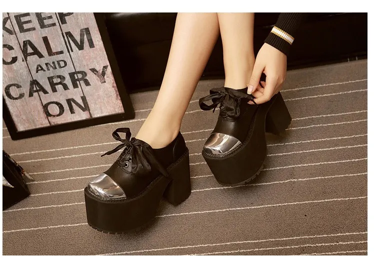 Black Metal Cap Ribbon Lace Up Platforms High Heels