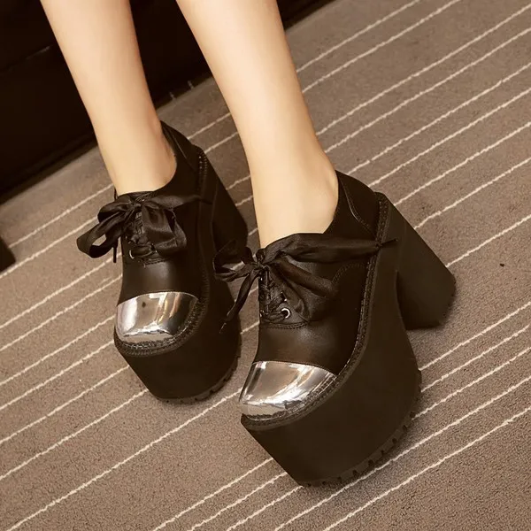 Black Metal Cap Ribbon Lace Up Platforms High Heels