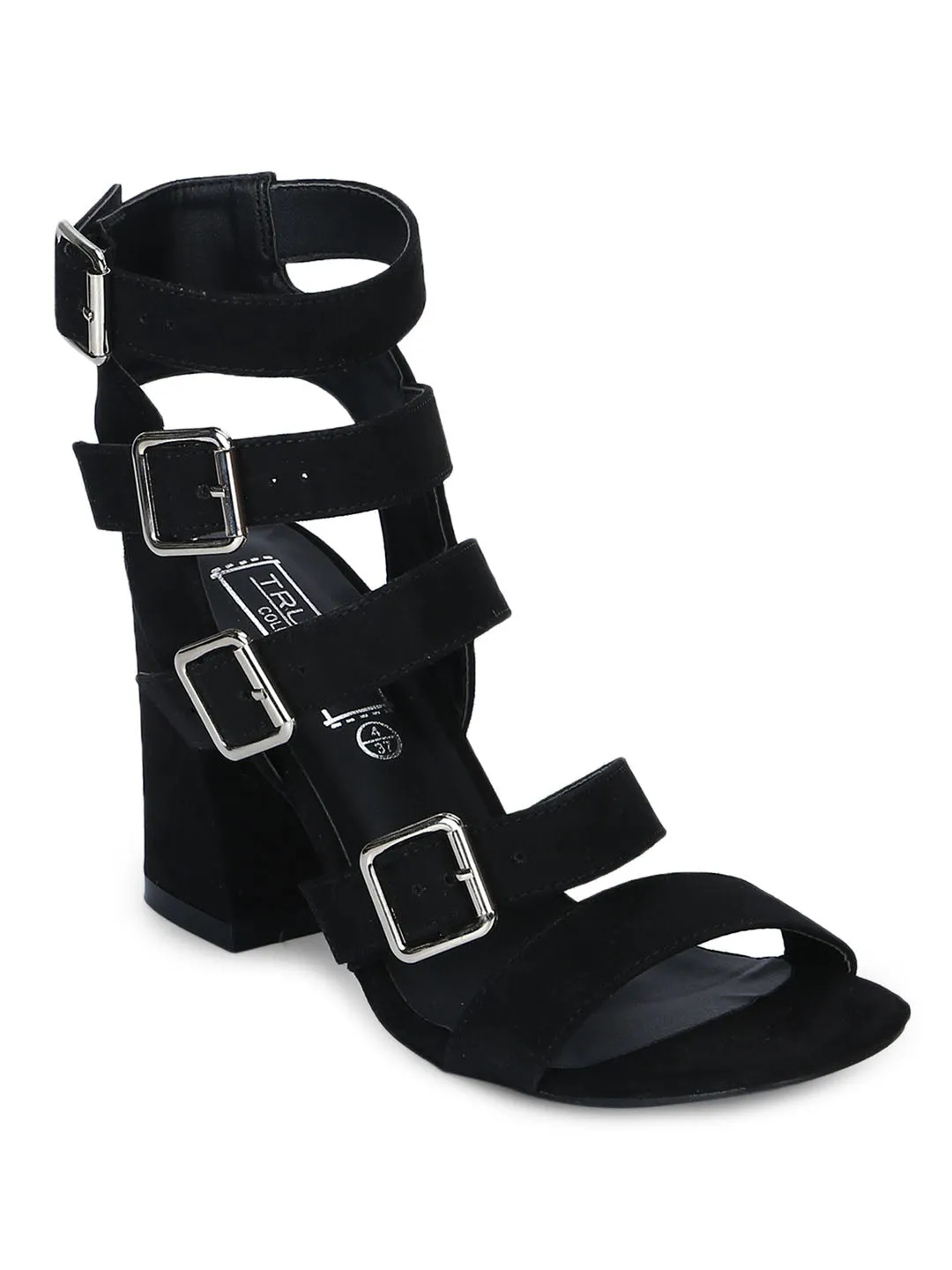 Black Micro Strappy Multiple Buckle Block Heels