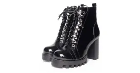 Lace-Up Combat Boots with High Heels in Black Patent