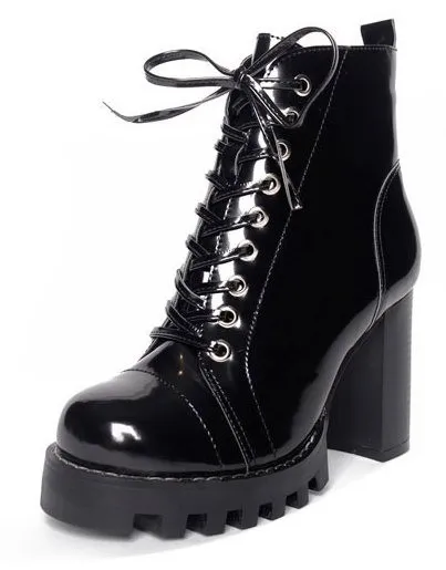 Lace-Up Combat Boots with High Heels in Black Patent