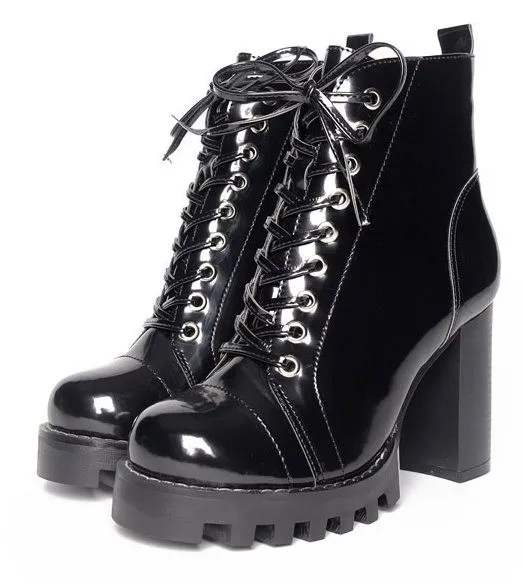 Lace-Up Combat Boots with High Heels in Black Patent