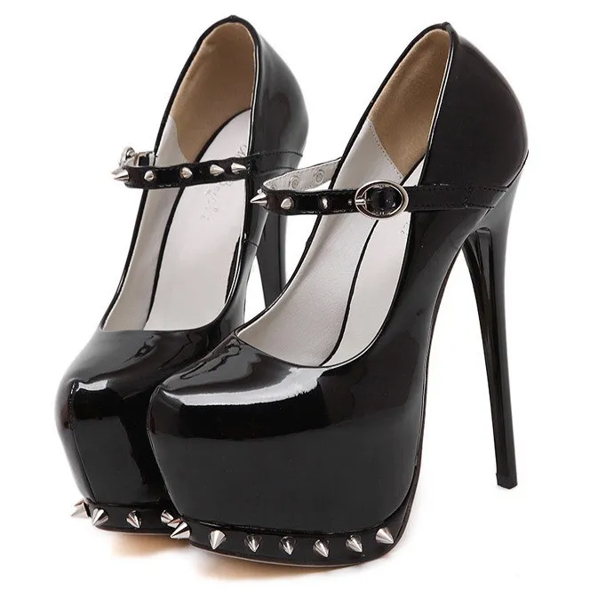 Black Patent Spike Mary Jane Platform Stilettos