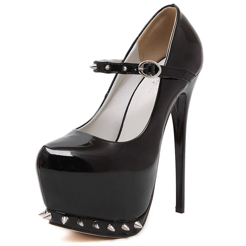 Black Patent Spike Mary Jane Platform Stilettos