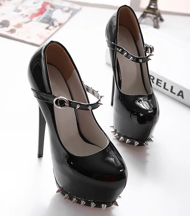 Black Patent Spike Mary Jane Platform Stilettos