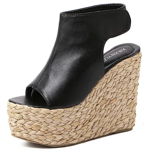 Black Braided Straw Knitted Slingback Platform Wedge Sandals