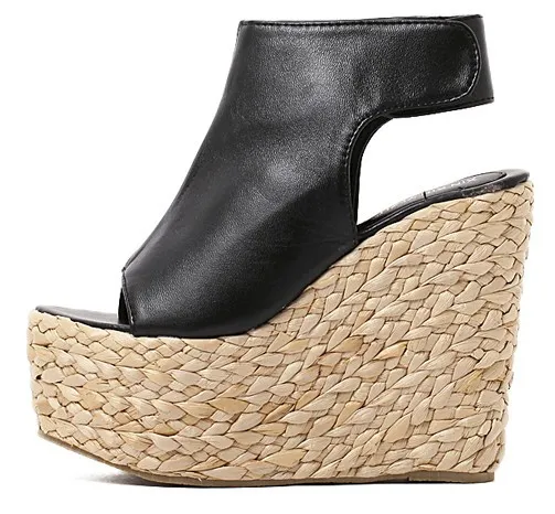 Black Braided Straw Knitted Slingback Platform Wedge Sandals