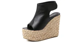 Black Braided Straw Knitted Slingback Platform Wedge Sandals