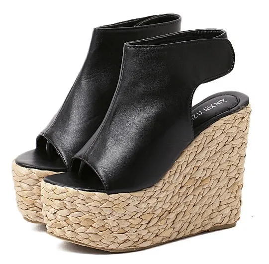 Black Braided Straw Knitted Slingback Platform Wedge Sandals