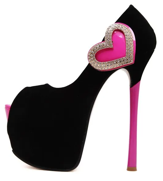 Black Pink Heart Peep Toe Stilettos