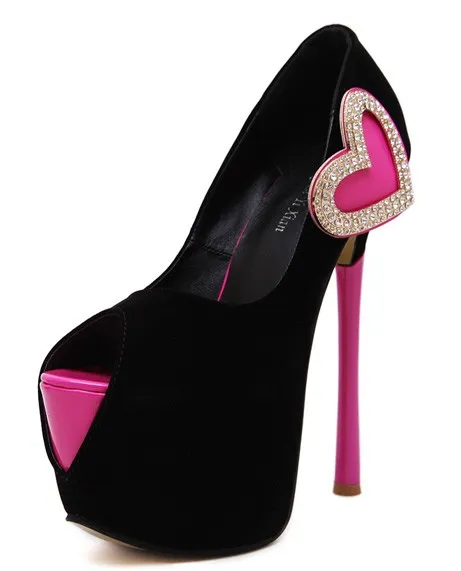 Black Pink Heart Peep Toe Stilettos