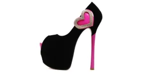 Black Pink Heart Peep Toe Stilettos