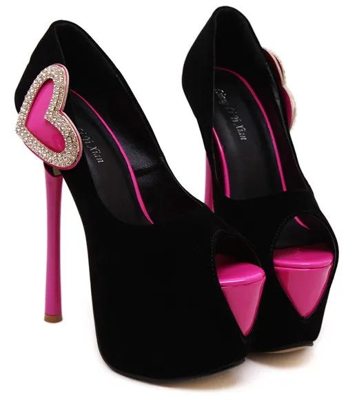 Black Pink Heart Peep Toe Stilettos