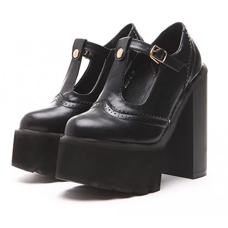 Black Punk Rock T Strap Chunky Sole Platforms Pumps