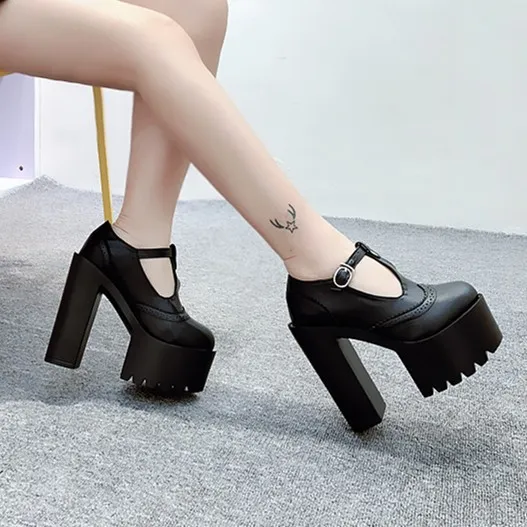 Black Punk Rock T Strap Chunky Sole Platforms Pumps