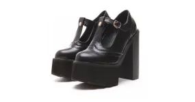 Black Punk Rock T Strap Chunky Sole Platforms Pumps